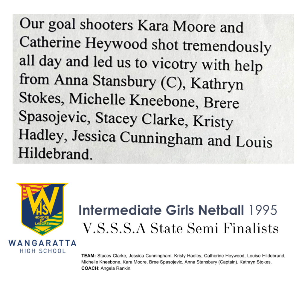 1995 Intermediate Girls Netball State Semi Finalists Wangaratta High School