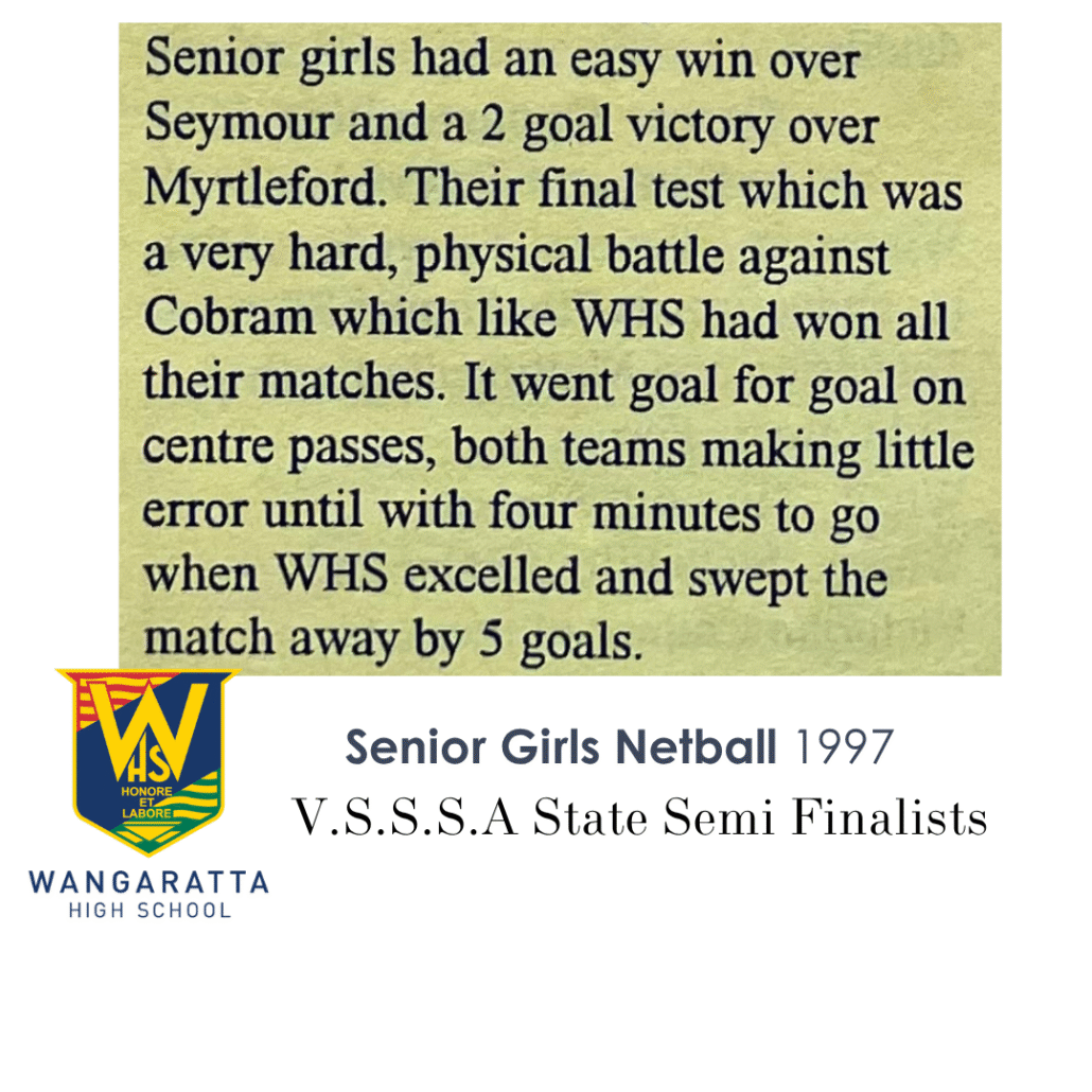 1997 Senior Girls Netball State Semi Finalists Wangaratta High School