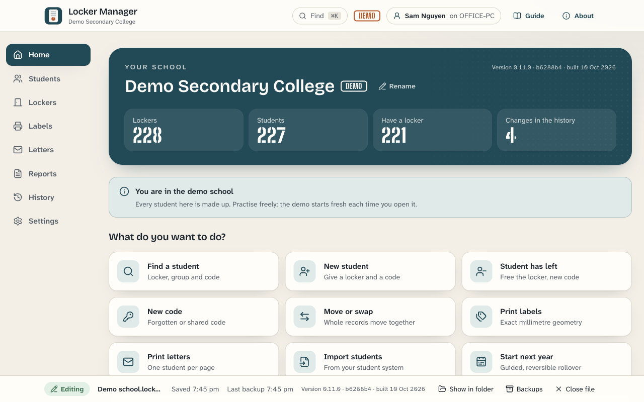 Locker Manager's Home screen for a demo school: 228 lockers, 227 students, 221 with a locker, and buttons for everyday jobs.